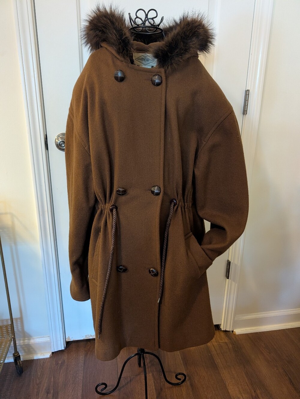Vintage Tailor B. Moss Brown Wool-Blend Pea Coat with Faux Fur Trim